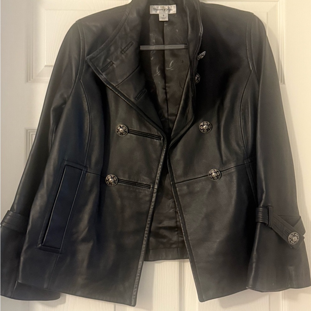 Black Leather Jacket with Structured Fit and Wide Notched Lapels